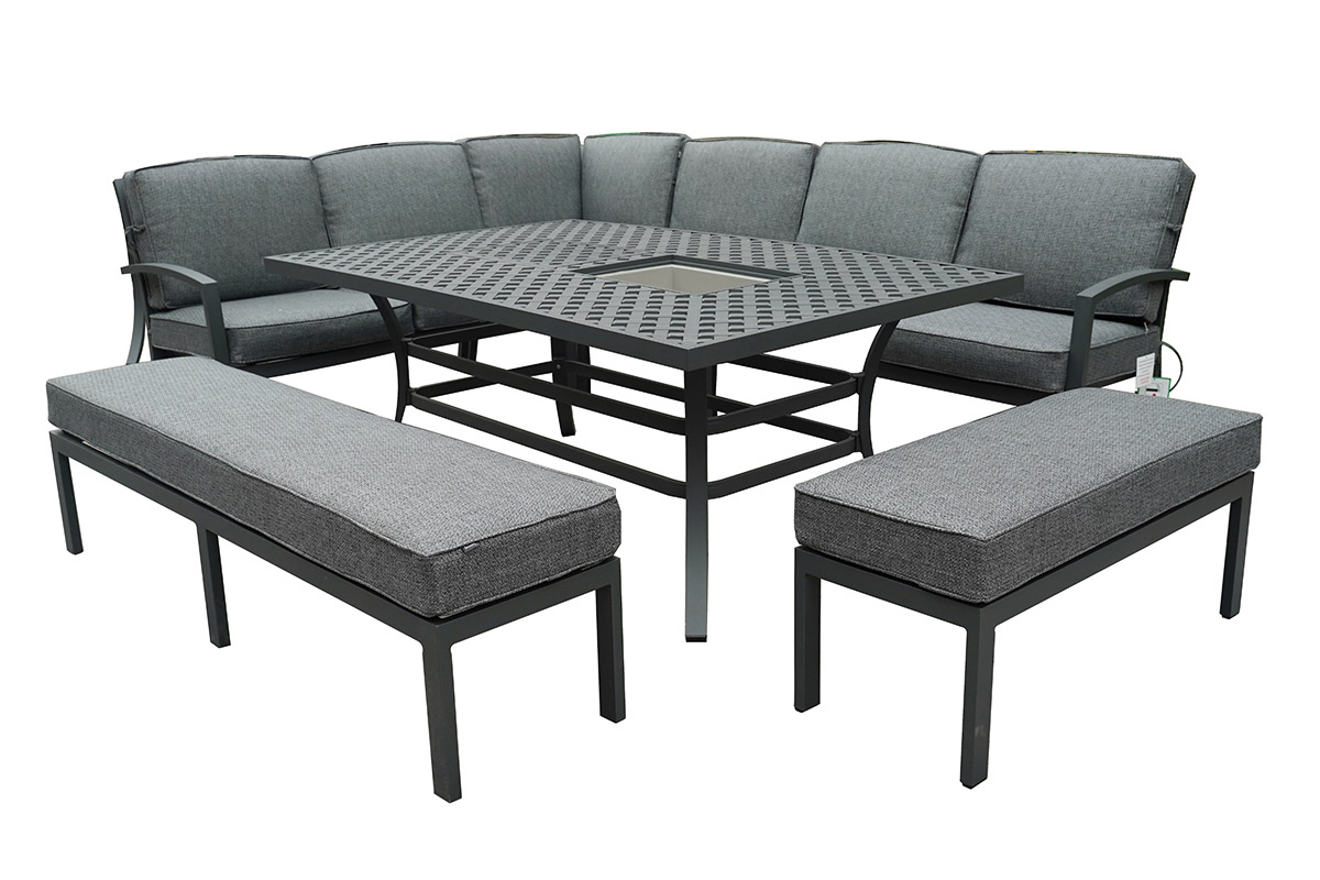 Rosario Rectangular Casual Dining Fire Pit Set with Benches