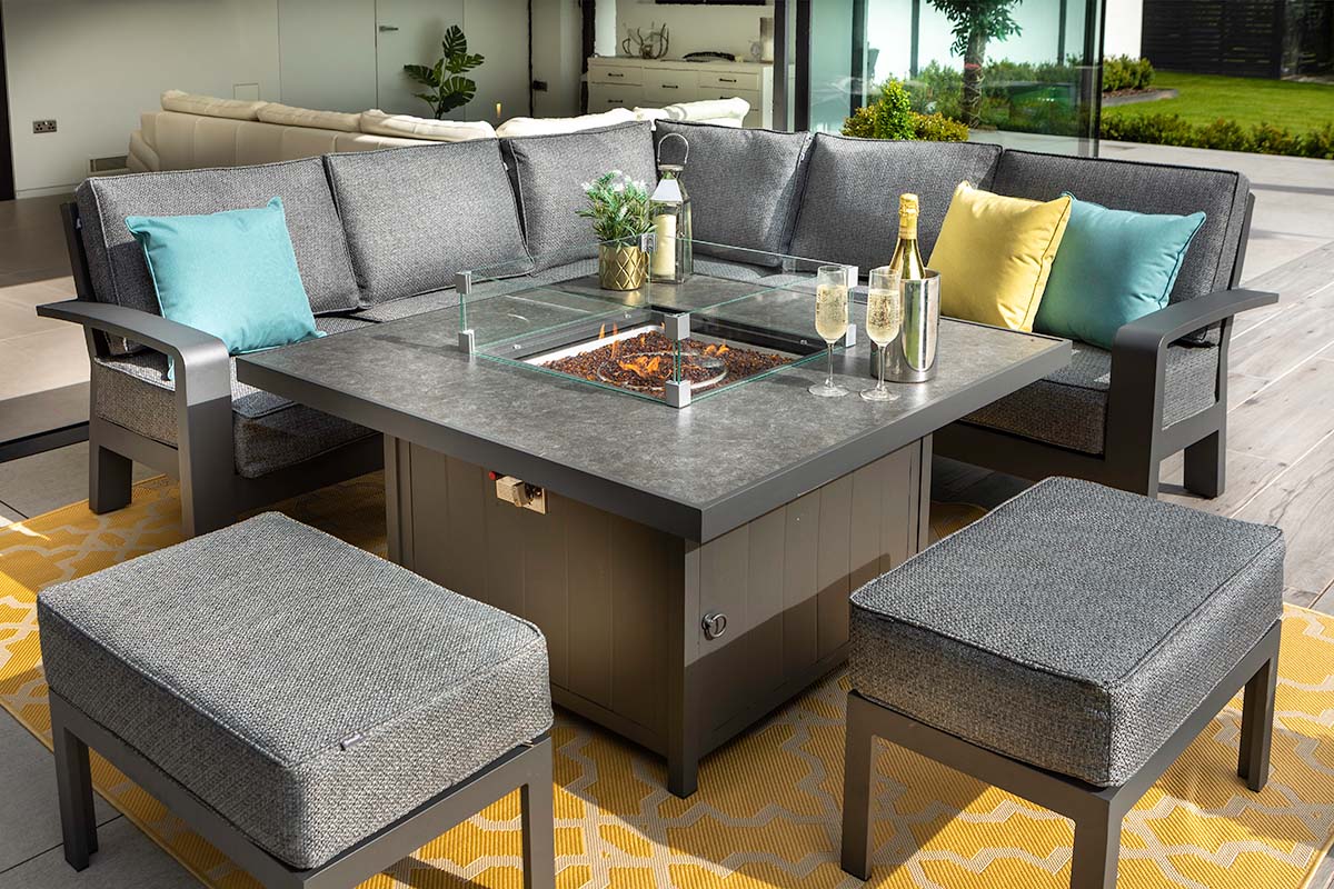 Aurora Square Casual Dining Set with Gas Fire Pit Table and Benches
