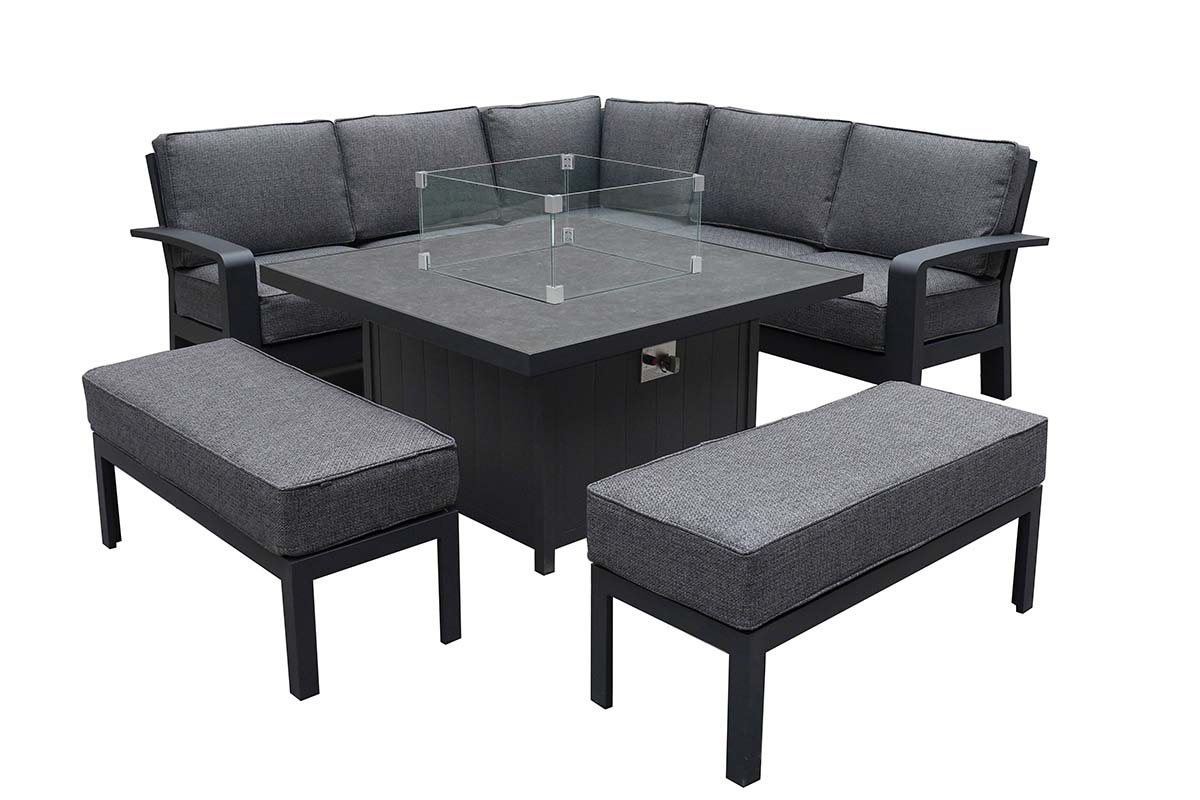 Aurora Square Casual Dining Set with Gas Fire Pit Table and Benches