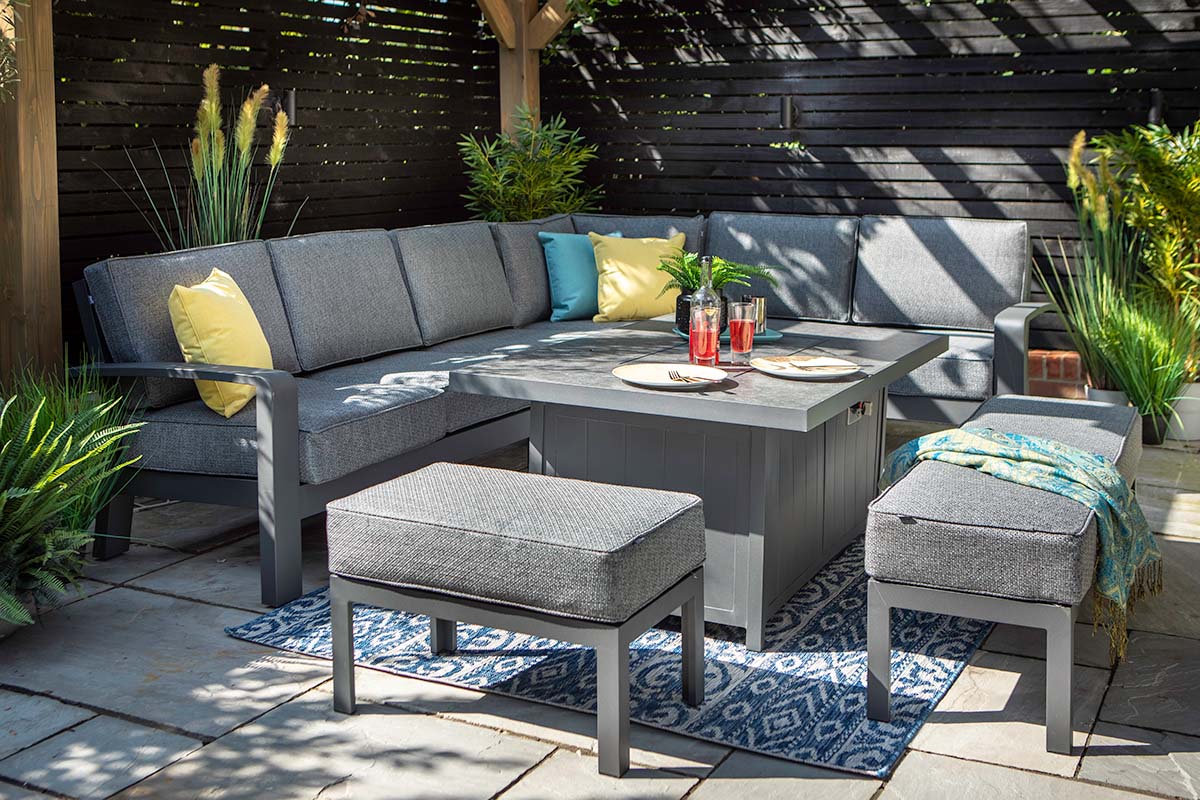 Aurora Rectangular Casual Dining Set with Gas Fire Pit Table and Benches