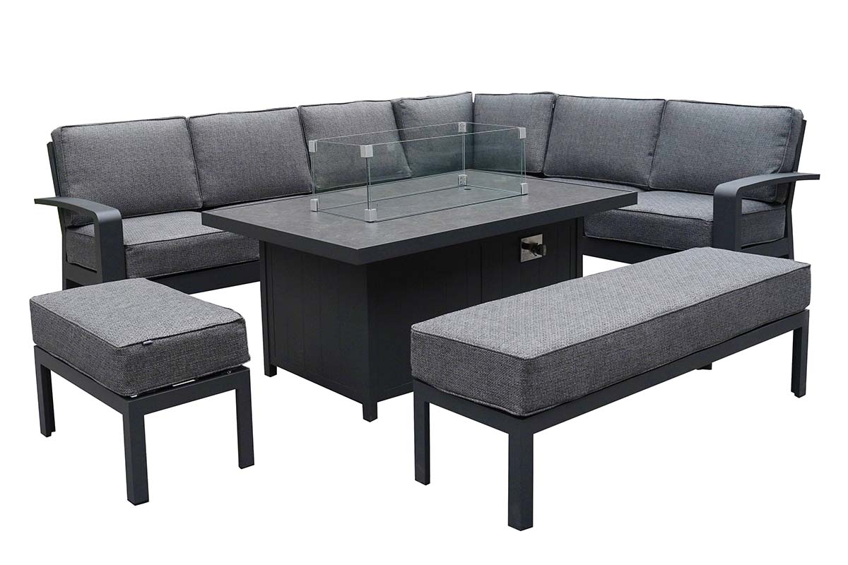 Aurora Rectangular Casual Dining Set with Gas Fire Pit Table and Benches