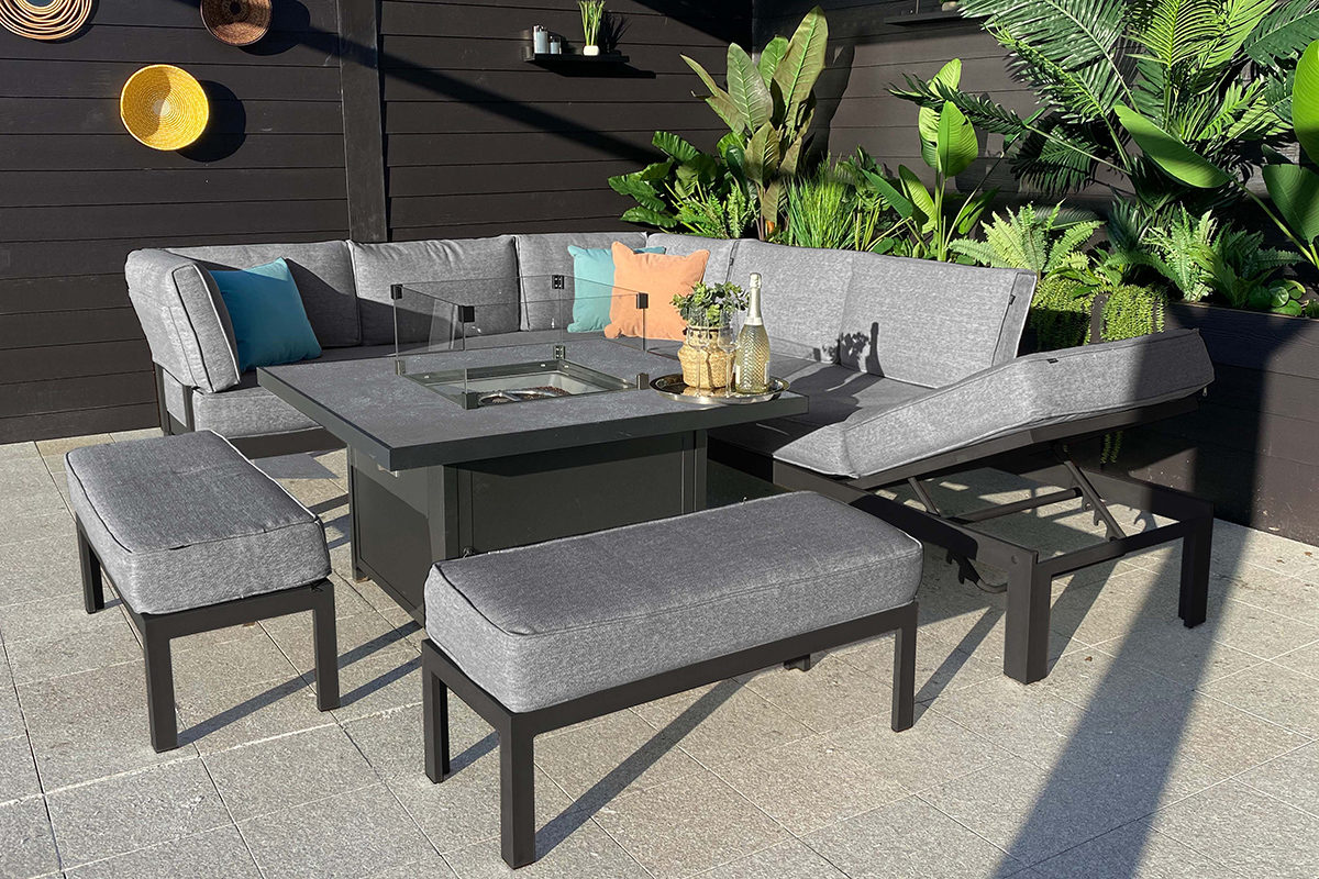 Aurora Comfort Corner Casual Dining Set with Integrated Lounger and Gas Fire Pit Table