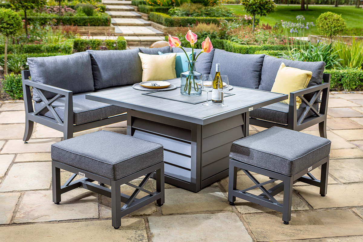 Sorrento Square Casual Dining Set with Gas Fire Pit Table and Stools
