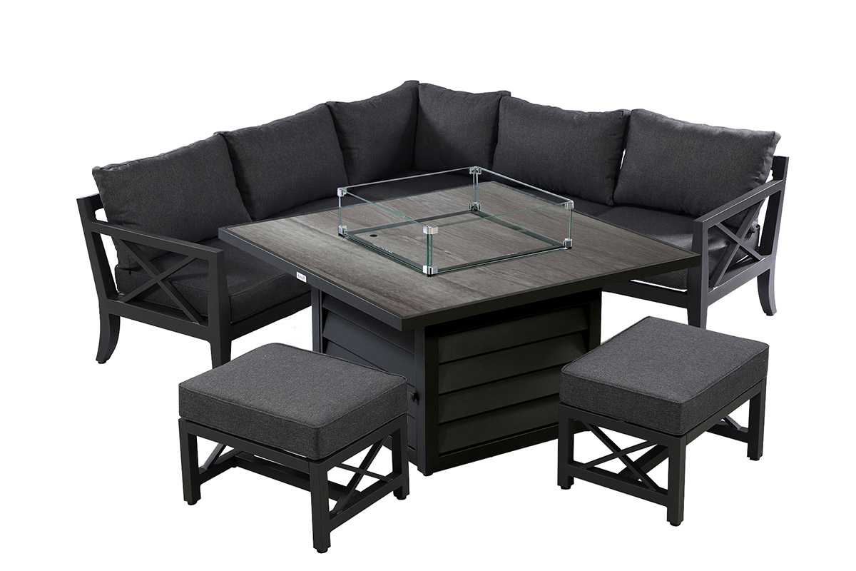 Sorrento Square Casual Dining Set with Gas Fire Pit Table and Stools
