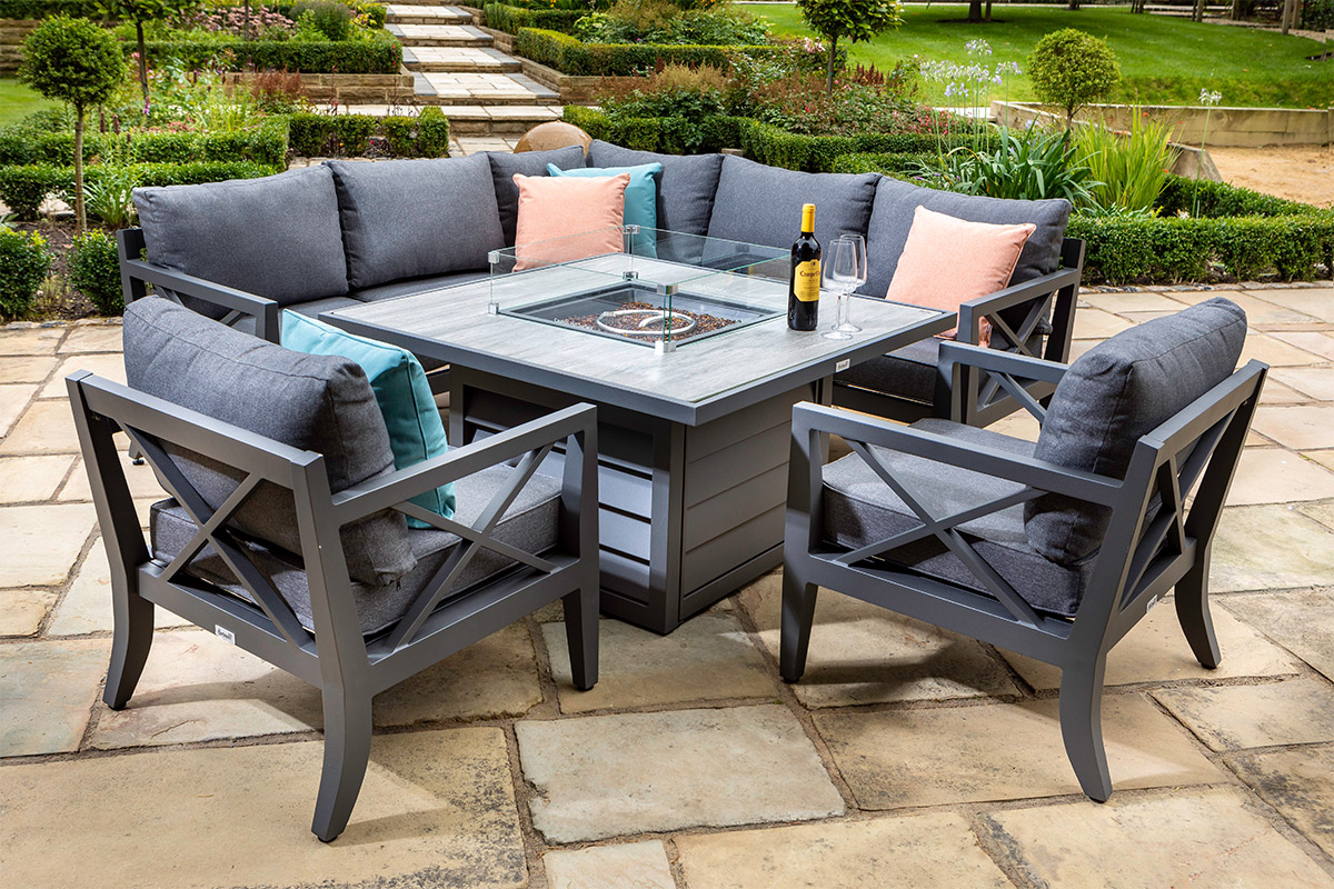 Sorrento Square Casual Dining Set with Gas Fire Pit Table and Lounge Chairs