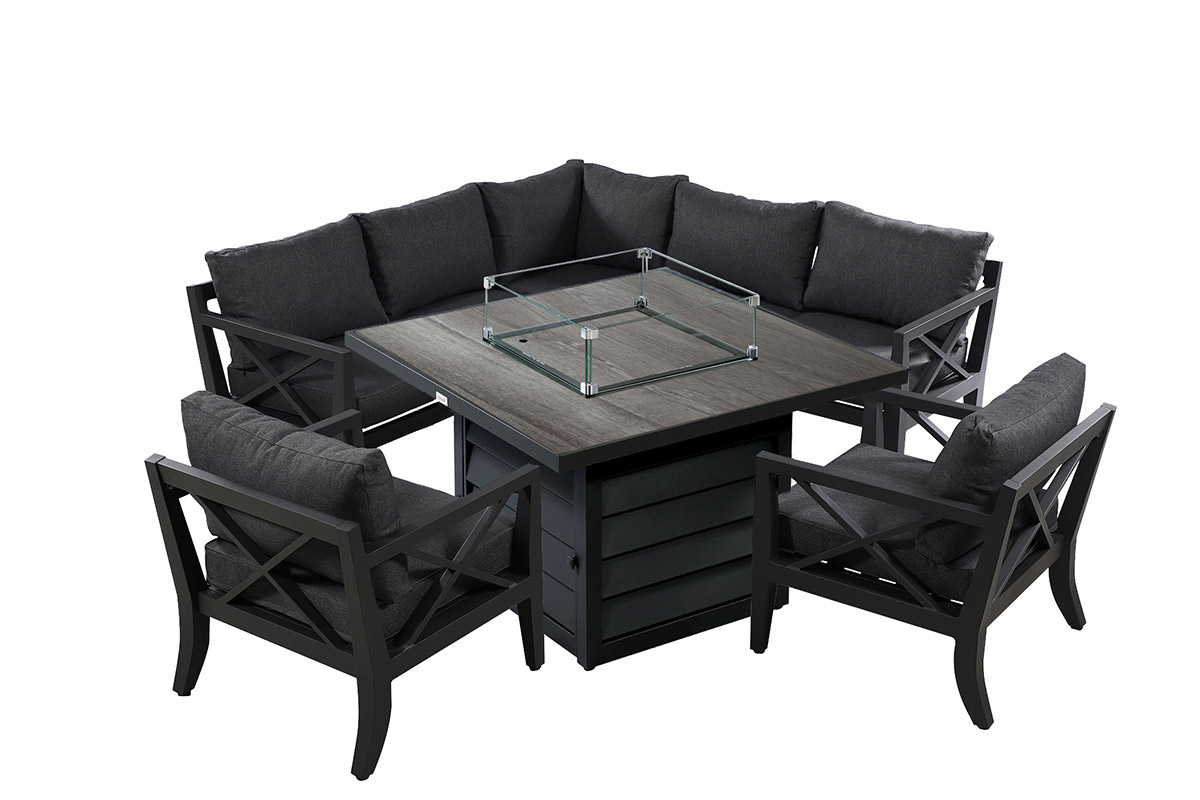Sorrento Square Casual Dining Set with Gas Fire Pit Table and Lounge Chairs