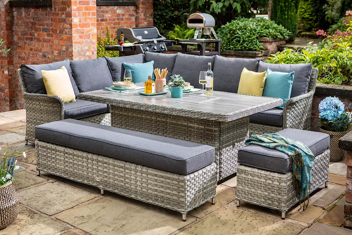 Heritage Grand Rectangular Casual Dining Set with Gas Fire Pit Table 