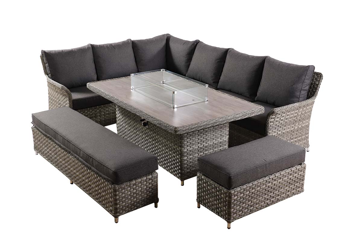 Heritage Grand Rectangular Casual Dining Set with Gas Fire Pit Table 
